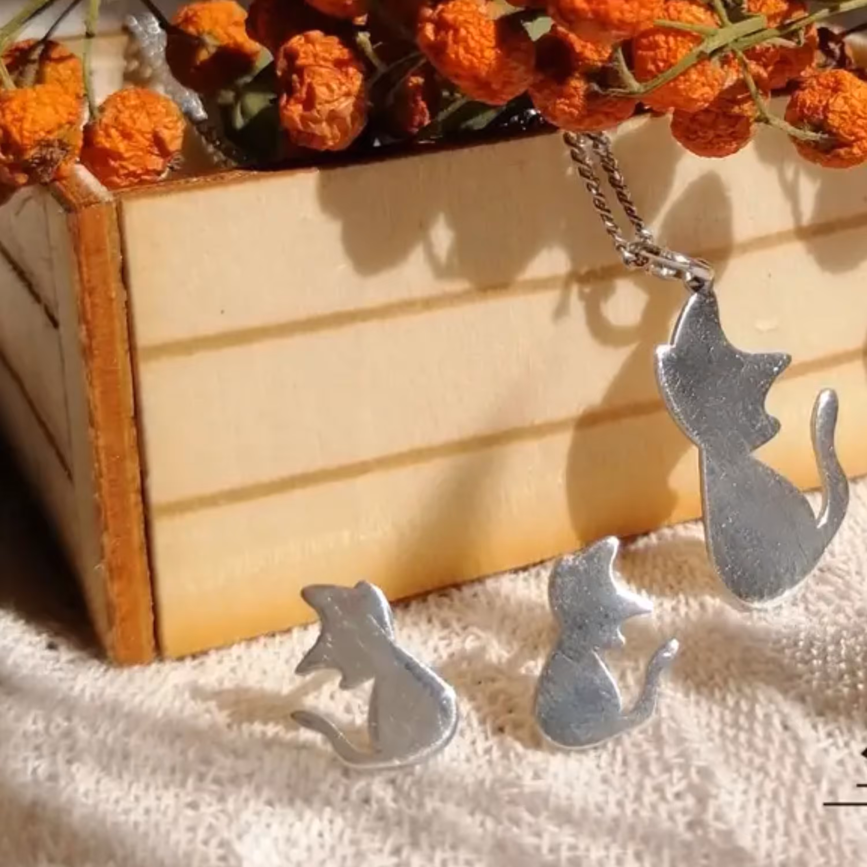 نیم ست نقره 925، طرح گربه، آویز و گوشواره