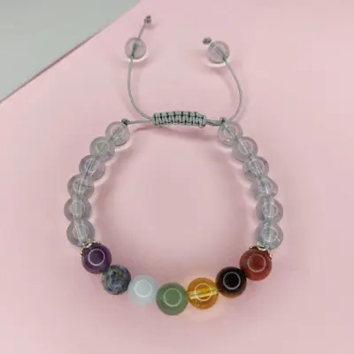 دستبند سنگ کوارتز آبی و هفت سنگ و کاسبرگ نقره سایز  قطر 8 میلیمتر تراش گرد زنانه و مردانه