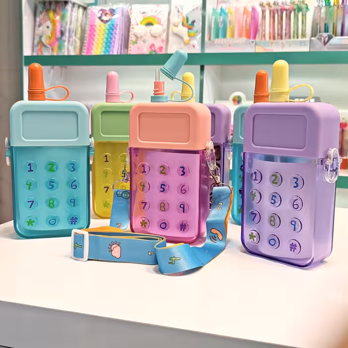 قمقمه فانتزی نی دار طرح موبایل با کیفیت عالی همراه با بند رودوشی و استیکر قمقمه نی دار قمقمه موبایلی قمقمه آب قمقمه کودک