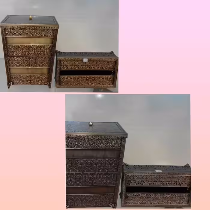 سطل و جا دستمال کاغذی در دو طرح آنتیک و پیوتر با ضمانت رنگ.در دو رنگ طلایی و نقره ای 