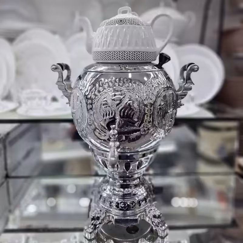 سماور گازی توپی قلم سه کاره 6 لیتر بدنه برنجی با قوری بدون تنوره (جدیدترین قالب)