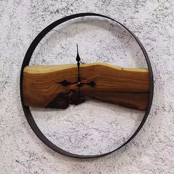 ساعت دیواری روستیک چوب سنجد و حلقه فلزی قطر 50سانت