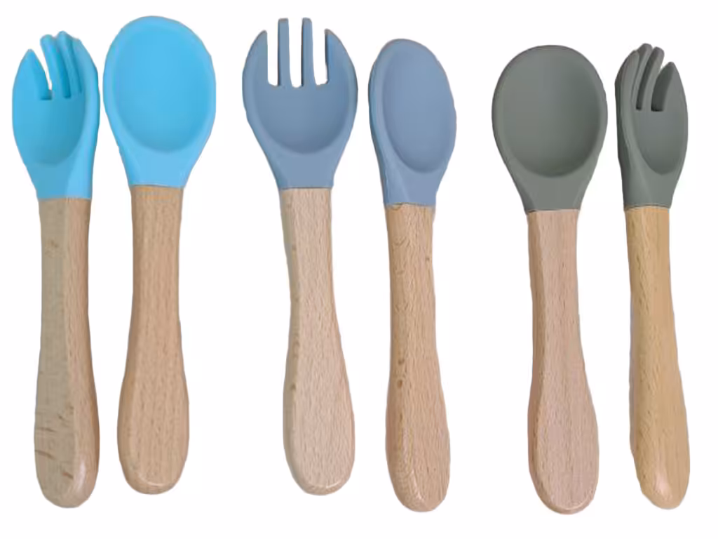 ست قاشق و چنگال سیلیکونی دسته چوبی دارای قاب