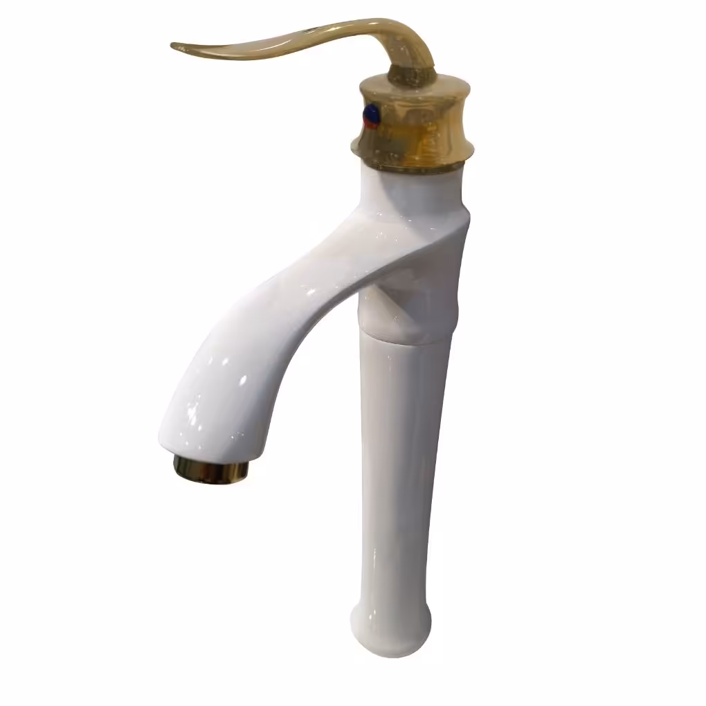 شیر روشویی پایه بلند سفید طلا با 5 سال گارانتی