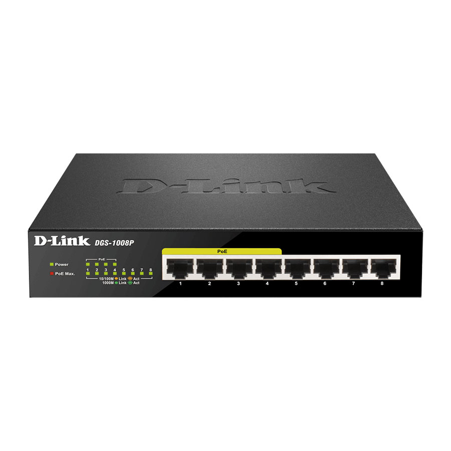 قیمت و خرید سوییچ 8 پورت PoE گیگابیت و دسکتاپ دی لینک مدل DGS-1008P | یاس ارتباط