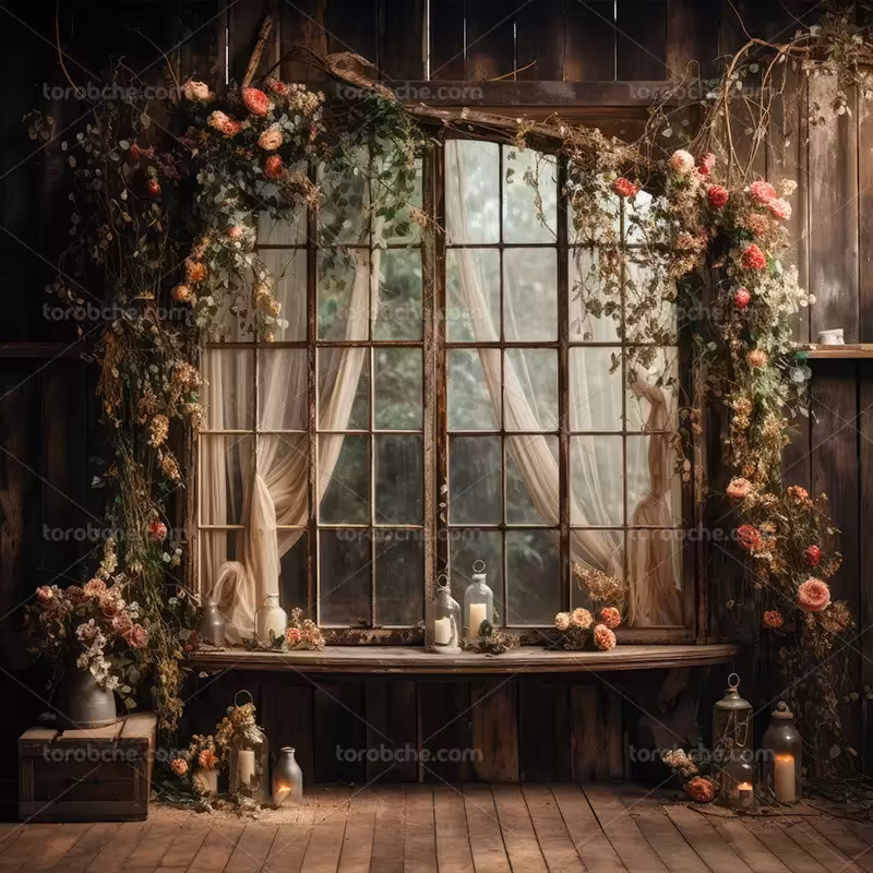 بک دراپ پنجره با گل | گرافیک با طعم تربچه