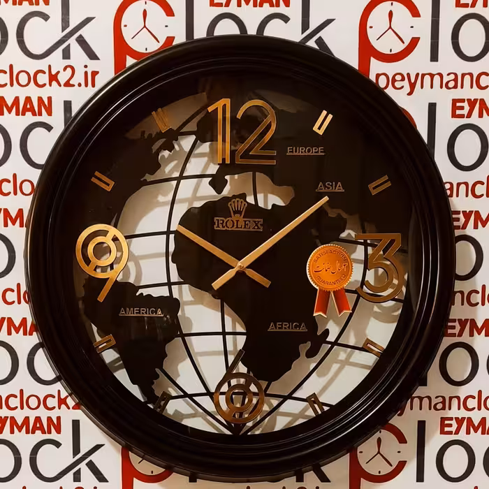 ساعت دیواری رولکس جهان نما.مشکی.سایز 60 سانت.پنج سال گارانتی موتور،موتور آرامگرد.دارای فاکتور( ارسال پس کرایه)
