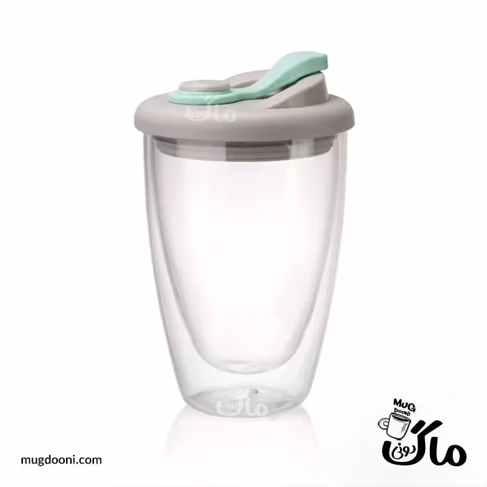 لیوان دو جداره درب دار 300 میلی لیتری درجه یک رنگ سبز آبی