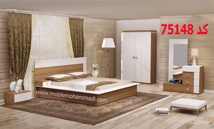 سرویس خواب ام دی اف کد75148شامل تخت/پاتختی/دراور/قاب اینه