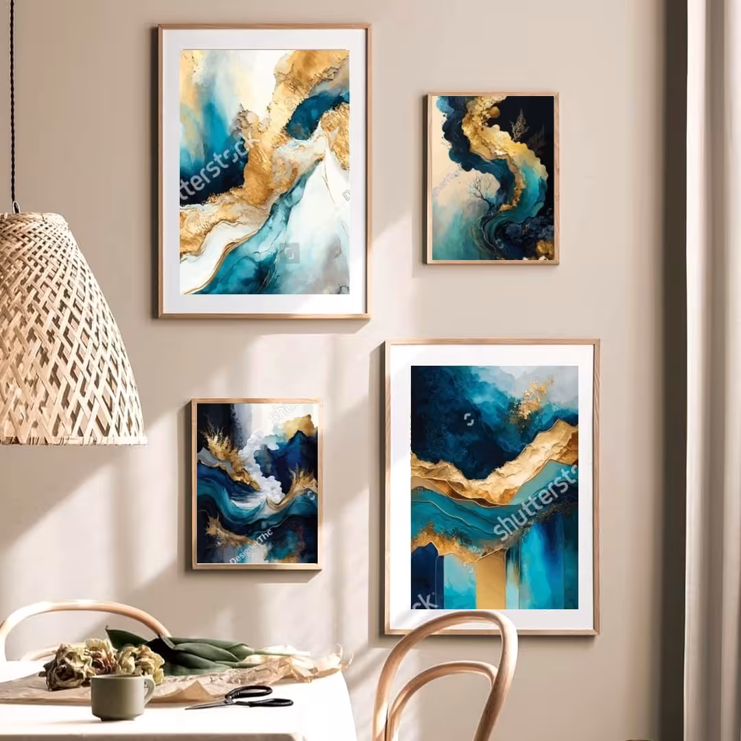 تابلو دکوراتیو فانتزی و لوکس رنگ آبی وطلایی چهار تکه 