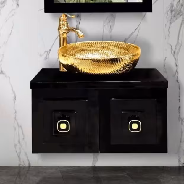 روشویی کابینتی مدل لوئیسا 40×60 تمام پی وی مشکی کاسه طلایی ارسال امن سریع با بیمه به سراسر ایران