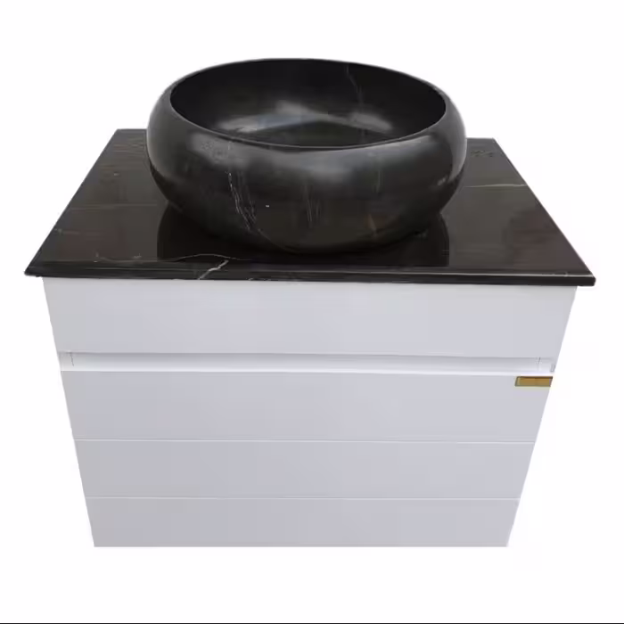 روشویی کابینتی سفید دیواری با سنگ طبیعی مشکی روکار (پس کرایه)