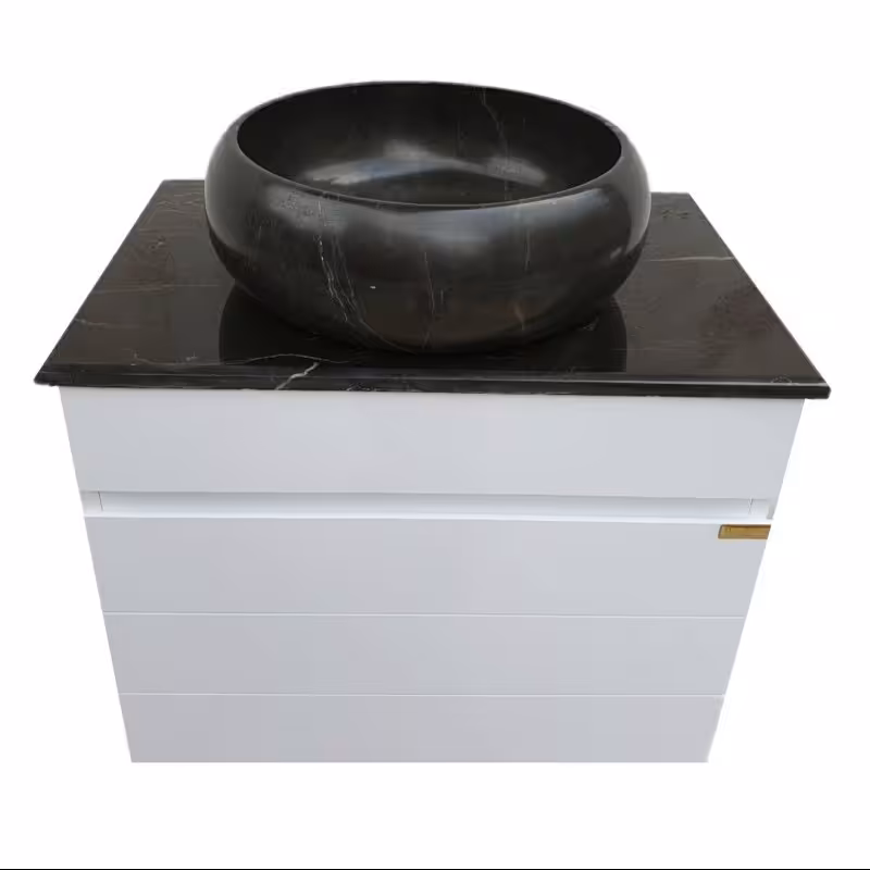 روشویی کابینتی سفید دیواری با سنگ طبیعی مشکی روکار (پس کرایه)
