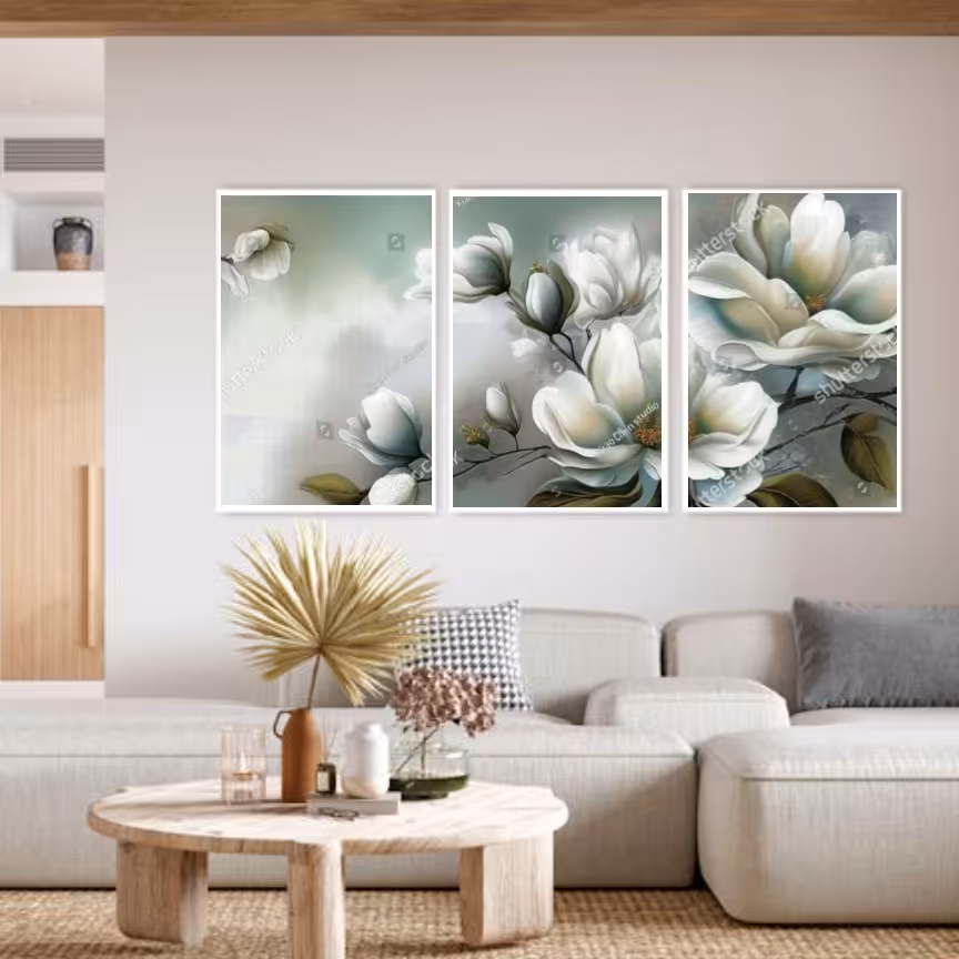 تابلو دکوراتیو طرح نقاشی رنگ روغن گلهای سبز سه تکه 