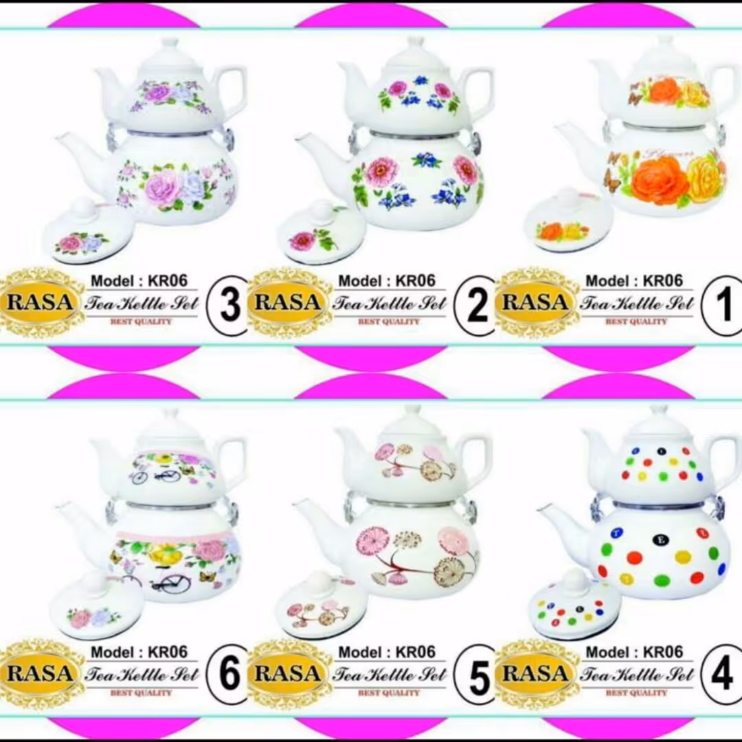 کتری قوری لعابی گلدار با قوری چینی  و دسته سرامیکی راسا