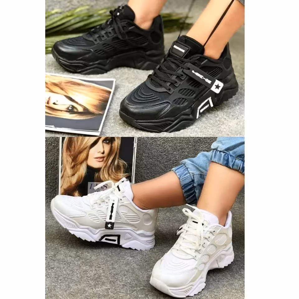 کتونی لژدار زنانه و دخترانه طرح آویز با لژ حدود 5 سانتی مشکی و سفید از 37 تا 40 (قبل از سفارش از غرفه دار موجودی گرفته)