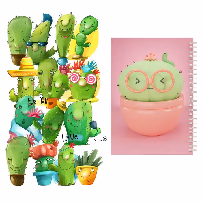 دفتر مشق باژیکان طرح کاکتوس گلدانی کد 20211515 به همراه برچسب  مجموعه 14 عددی