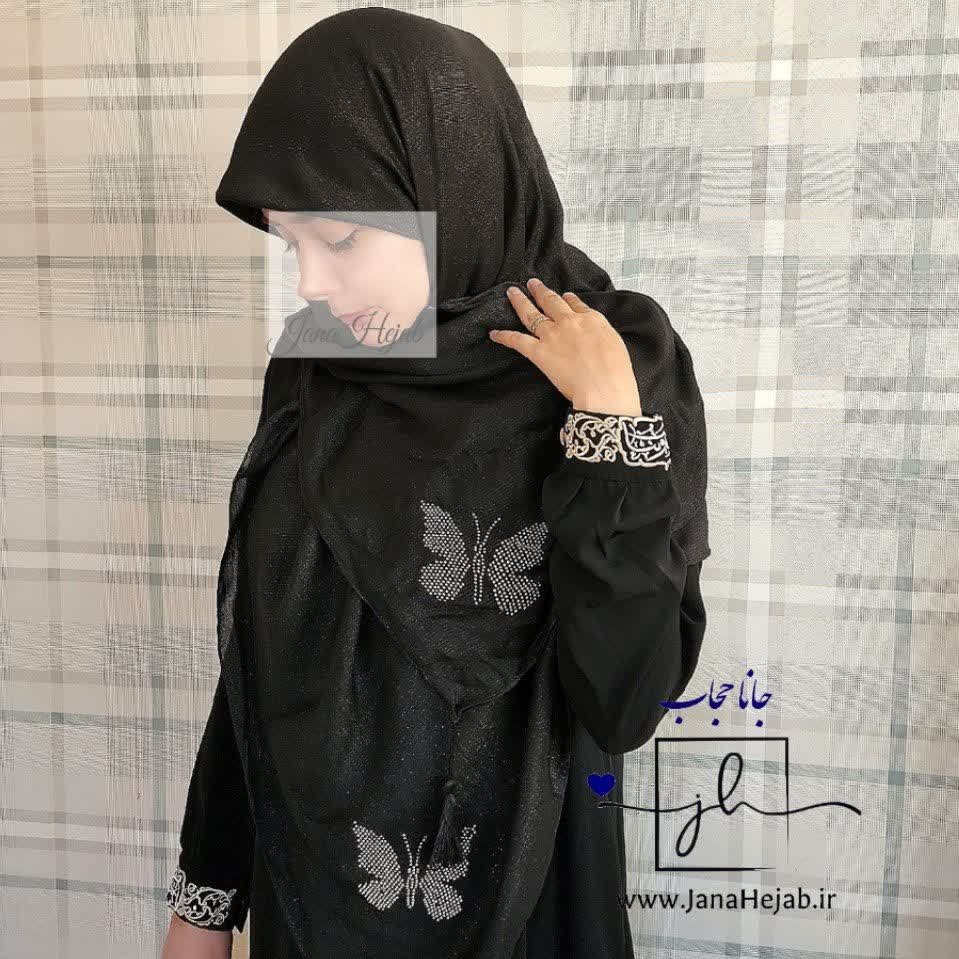 روسری نخ لمه مشکی محرمی طرح پروانه