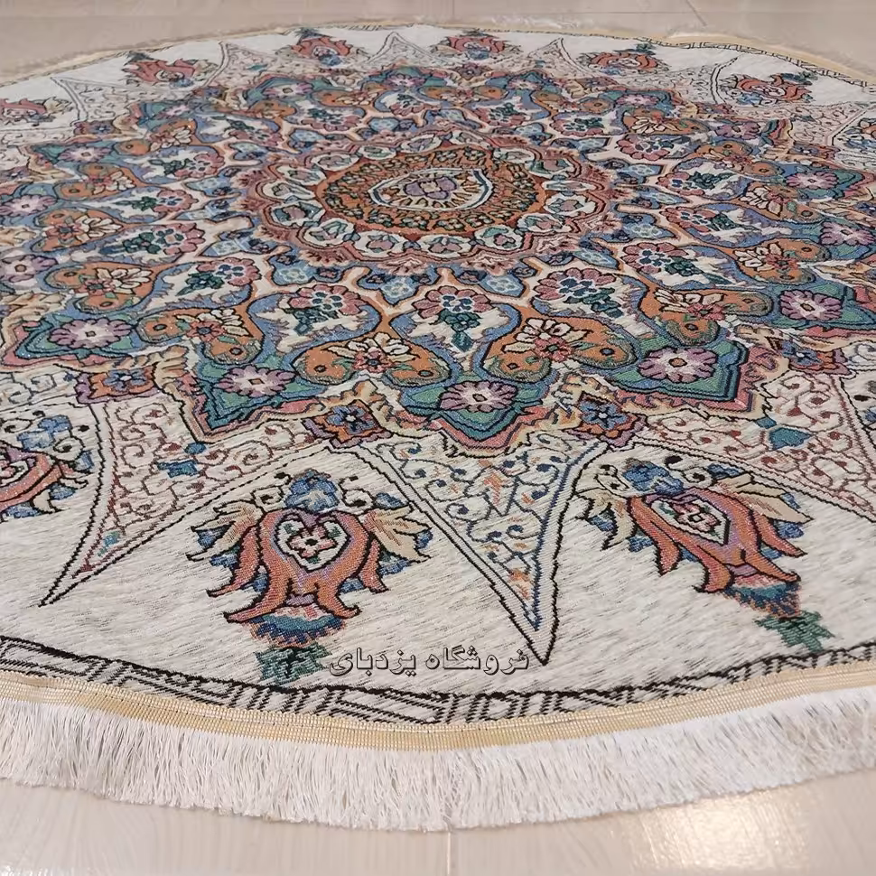 روفرشی مخمل زرکدار گرد طرح خورشیدی رنگ کرم (قطر 2 متر) 
