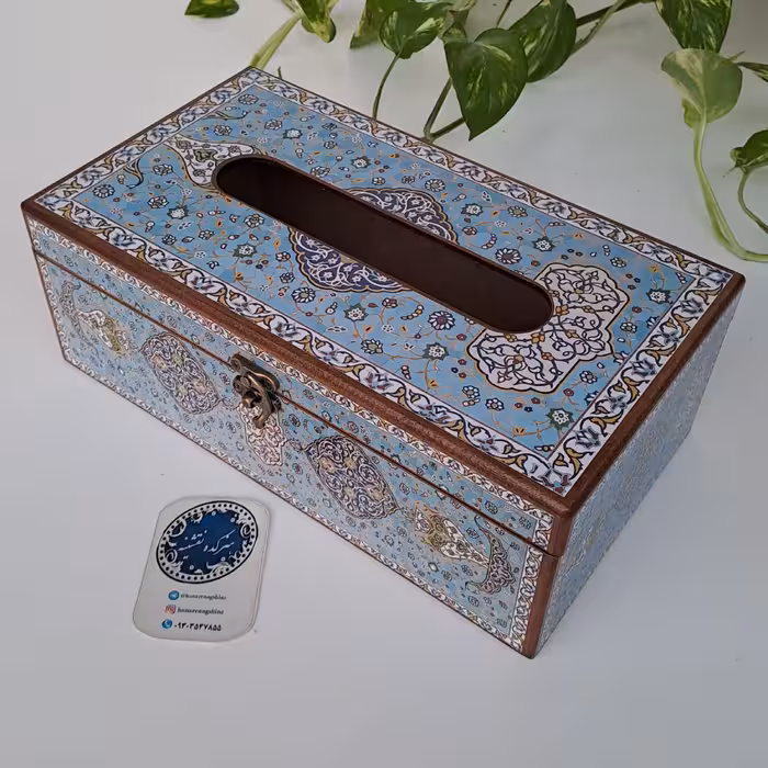 جعبه دستمال کاغذی چوبی چفت دار تکنیک دکوپاژ ابعاد 26در14در9  کد طرح 118