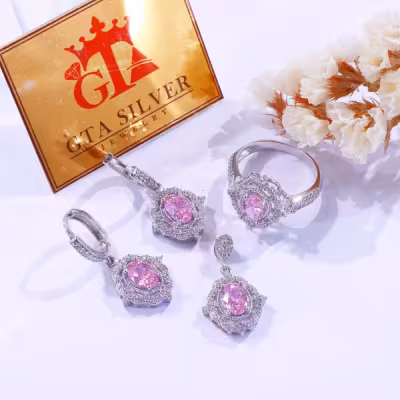 نیم ست نقره زنانه با نگین صورتی الماس تراش کد 4700