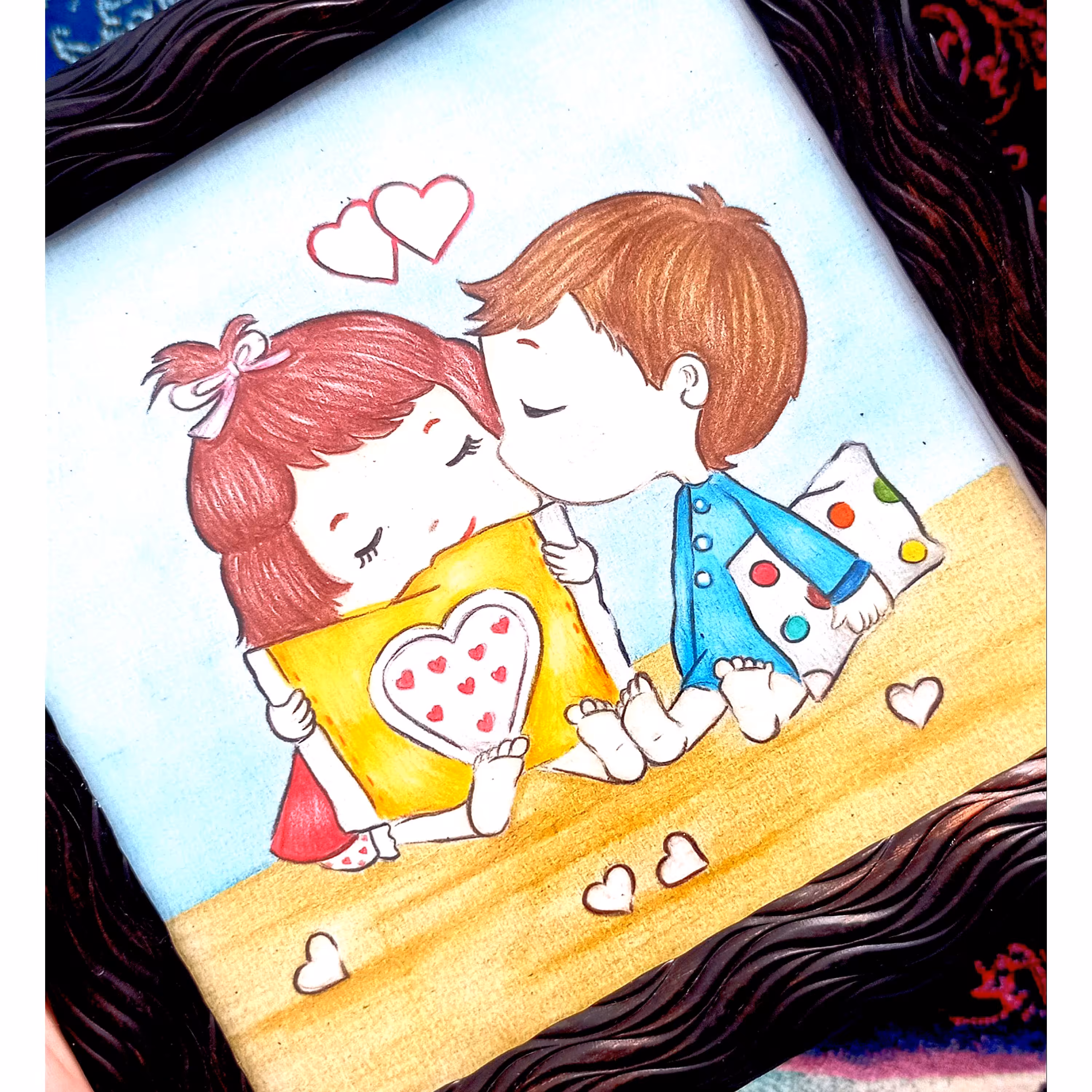 نقاشی فانتزی عاشقانه،همراه با قاب،مناسب اتاق خواب،کار با مدادرنگی،این فرصت رو از دست ندین😍😍