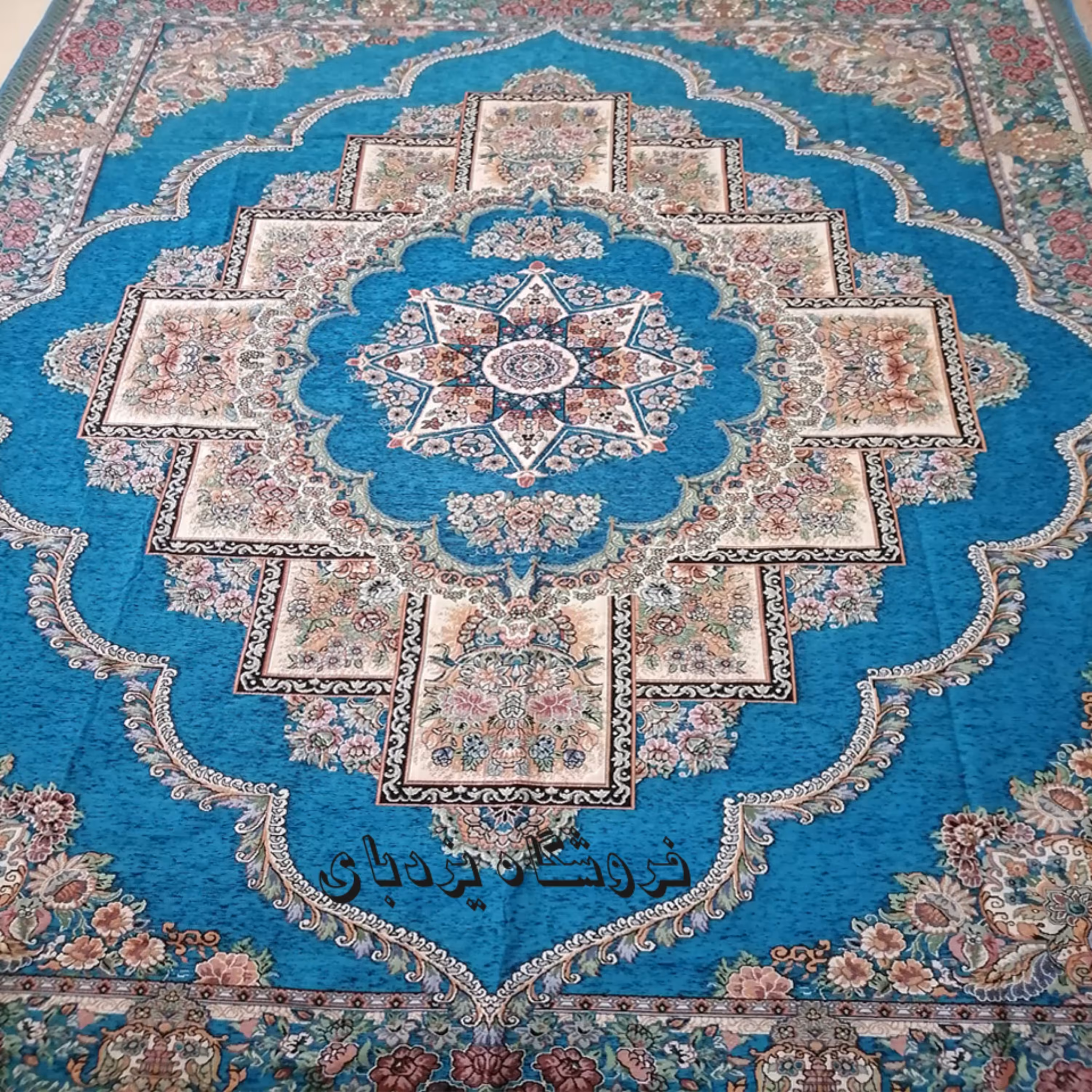 روفرشی 9 متری مخمل زرکدار سبزآبی طرح حوض نقره مدل ستاره ای
