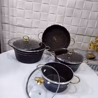 سرویس قابلمه 7پارچه اسبیکو دسته طلایی کف زنبوری گرانیتی همراه با ضمانت نامه یکساله داخل سرویس 