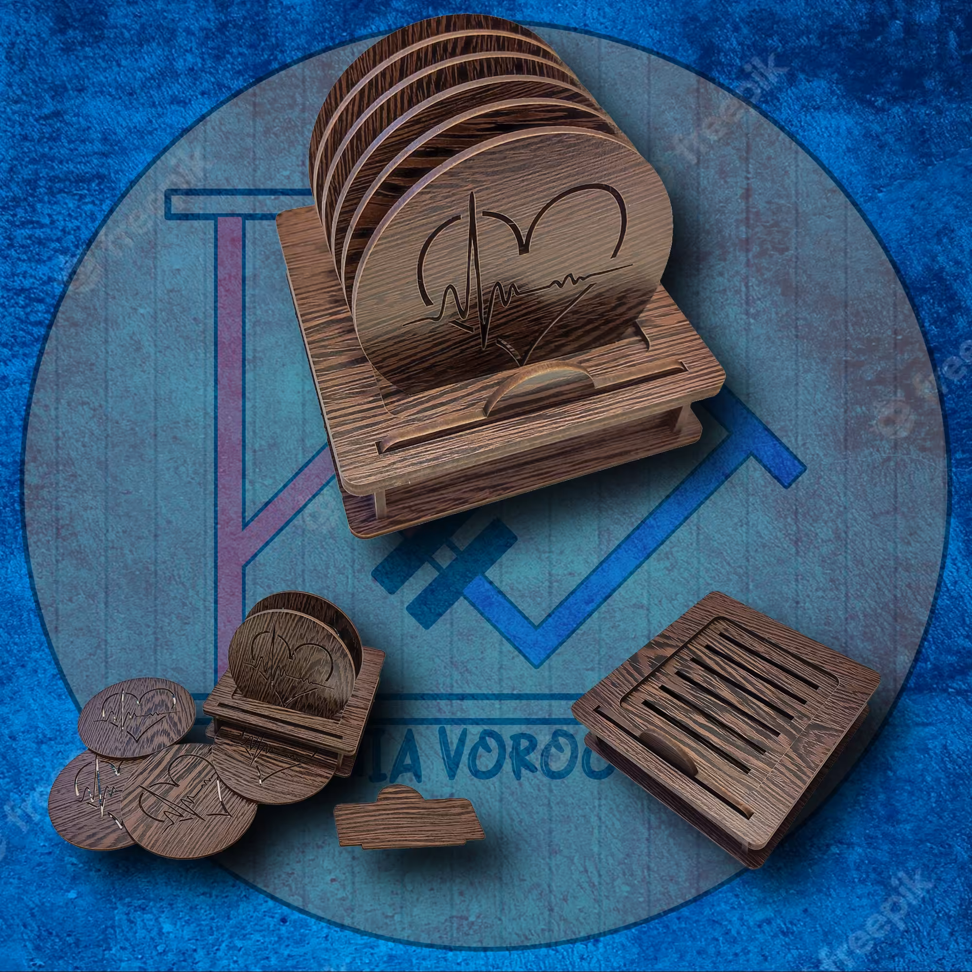 زیر لیوانی چوبی همراه استند مدل ضربان قلب بسته شش عددی