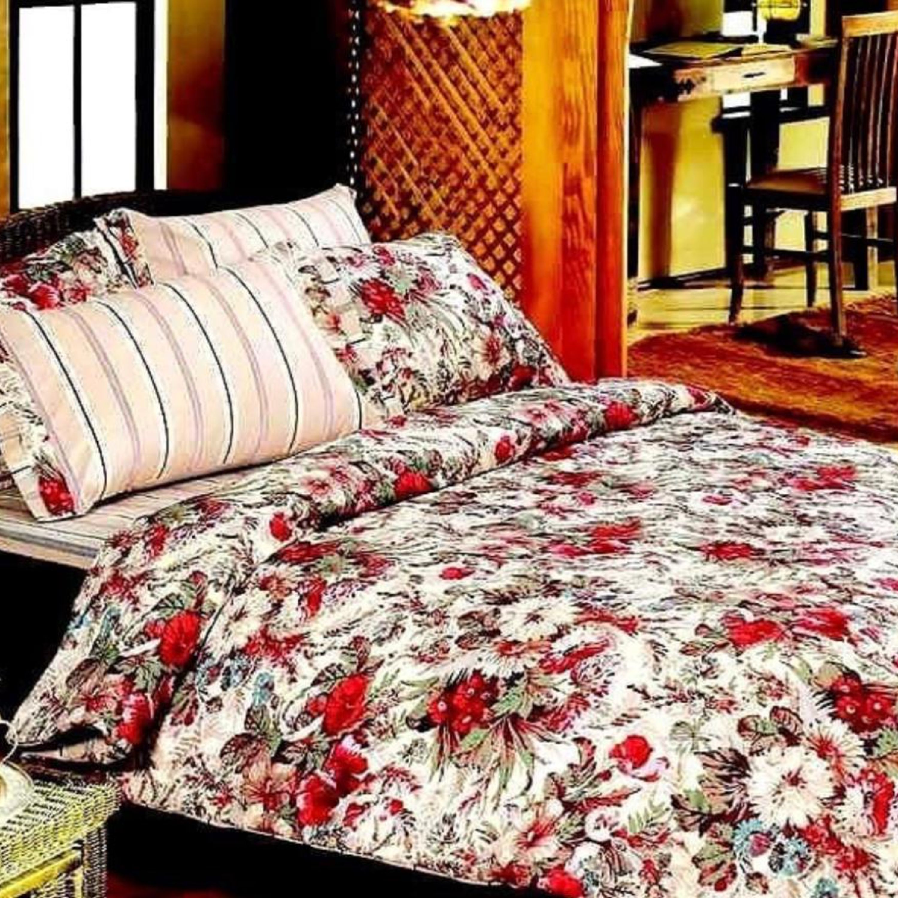 ست لحاف دو نفره 4تکه کتان طرح کاملیا