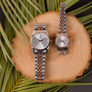 ست ساعت رولکس بنداستیل دورنگ رزگلد صفحه نقره ای