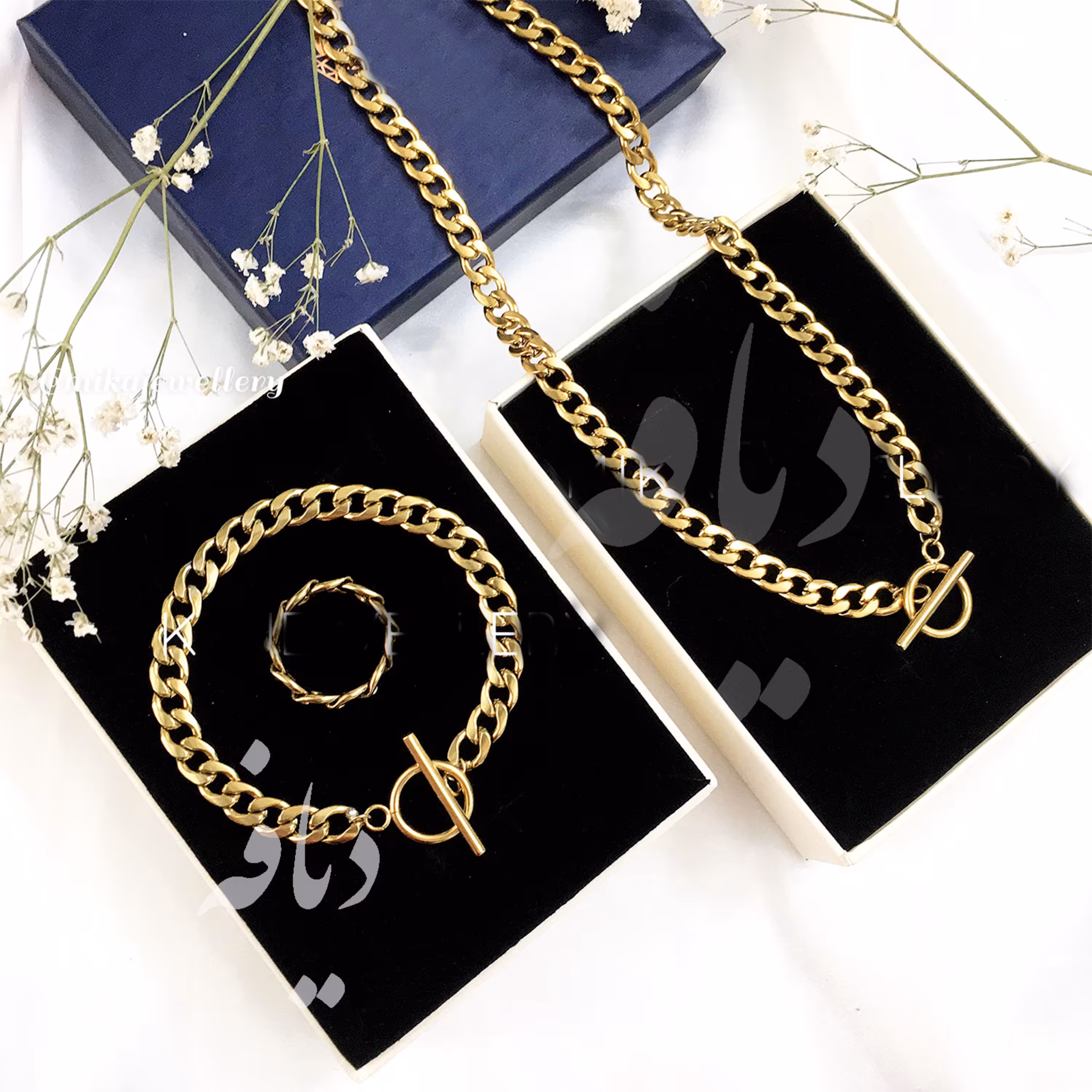 ست دستبند و گردنبند قفل تی و انگشتر کارتیر استیل مردانه و زنانه