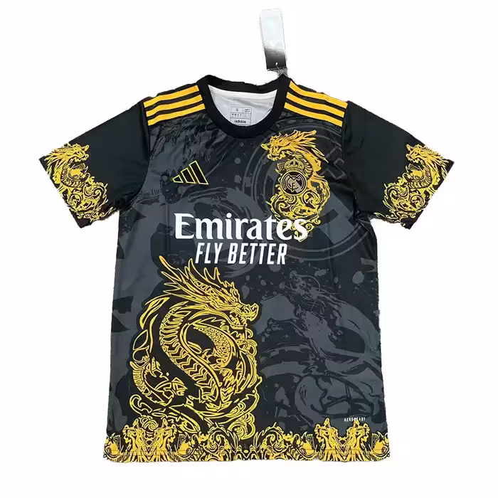 لباس تک کانسپت دراگون مشکی طلایی رئال مادرید 2025 با لوگوی دوختی تایلندی