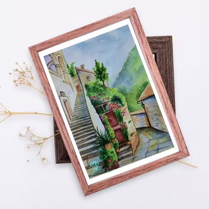 تابلو نقاشی آبرنگ طرح خانه سرسبز (دارای قاب و پاسپارتو) با ابعاد 30 در 40
