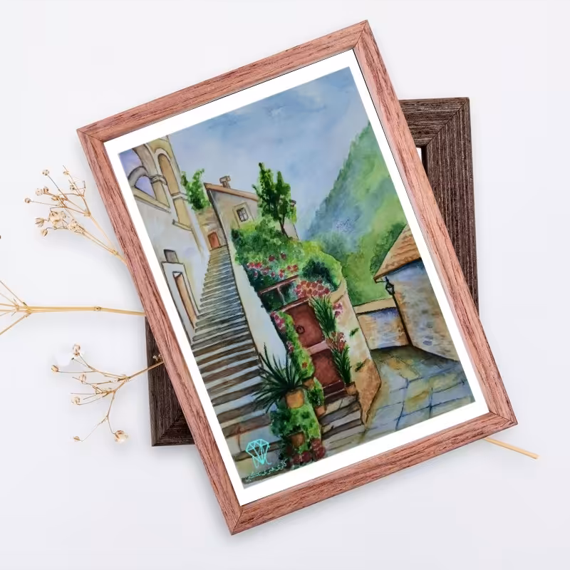 تابلو نقاشی آبرنگ طرح خانه سرسبز (دارای قاب و پاسپارتو) با ابعاد 30 در 40