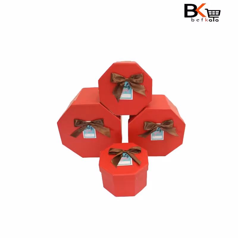 باکس کادویی 4 تکه هشت ضلعی پاپیون دار قرمز کد 20