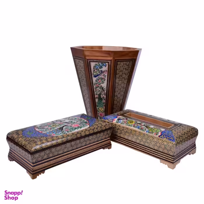 ست جعبه دستمال کاغذی، سطل و جعبه کارد خاتم کاری طرح آیسان کد GM-3