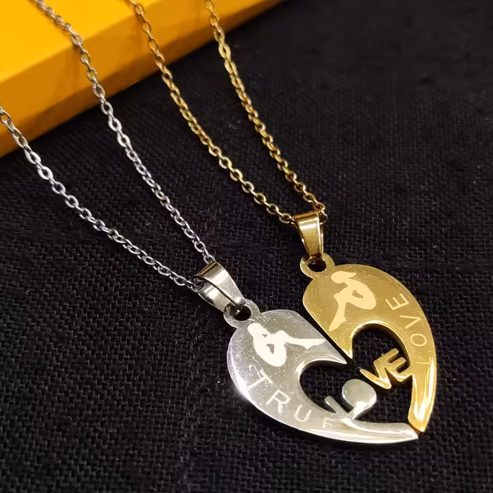 گردنبند ست طرح لاوLove  قلب کد 03خانم و آقا جفتی همراه بازنجیر استیل رنگ ثابت