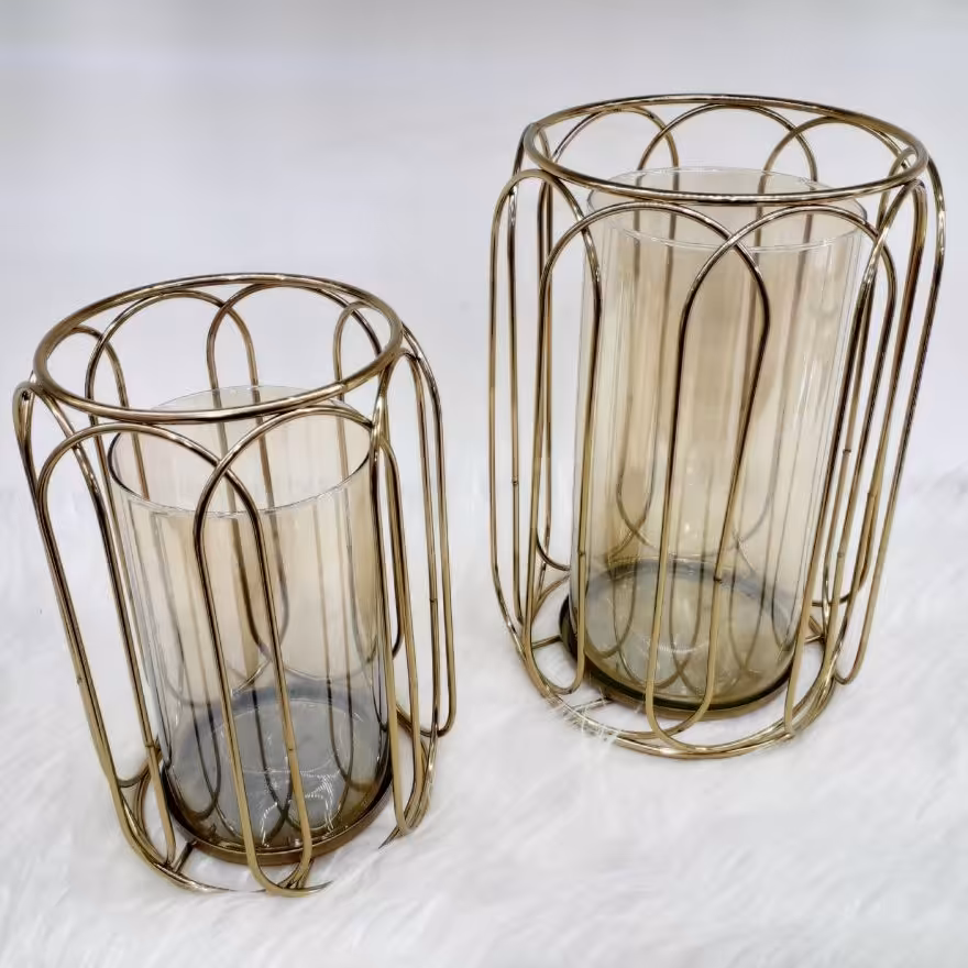 جاشمعی فانوس جفتی طلایی کیفیت آبکاری عالی، اندازه سایز بزرگ قطر 15 سانت  ارتفاع 23 سانت