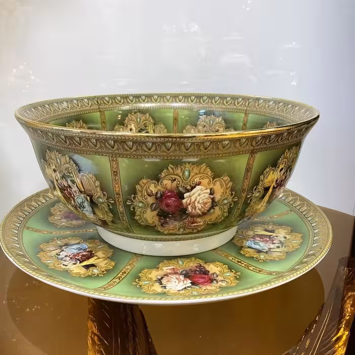 کاسه بشقاب قاب و قدح سایز بزرگ چینی خارجی  طرح گل سبز رنگ بسیار زیبا ارسال سراسر کشور پسکرایه 