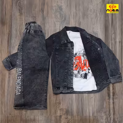 ست سه تیکه لی ذغالی کت کوتاه طرح دار پشت پاپیون شلوار نیم بگ دخترانه