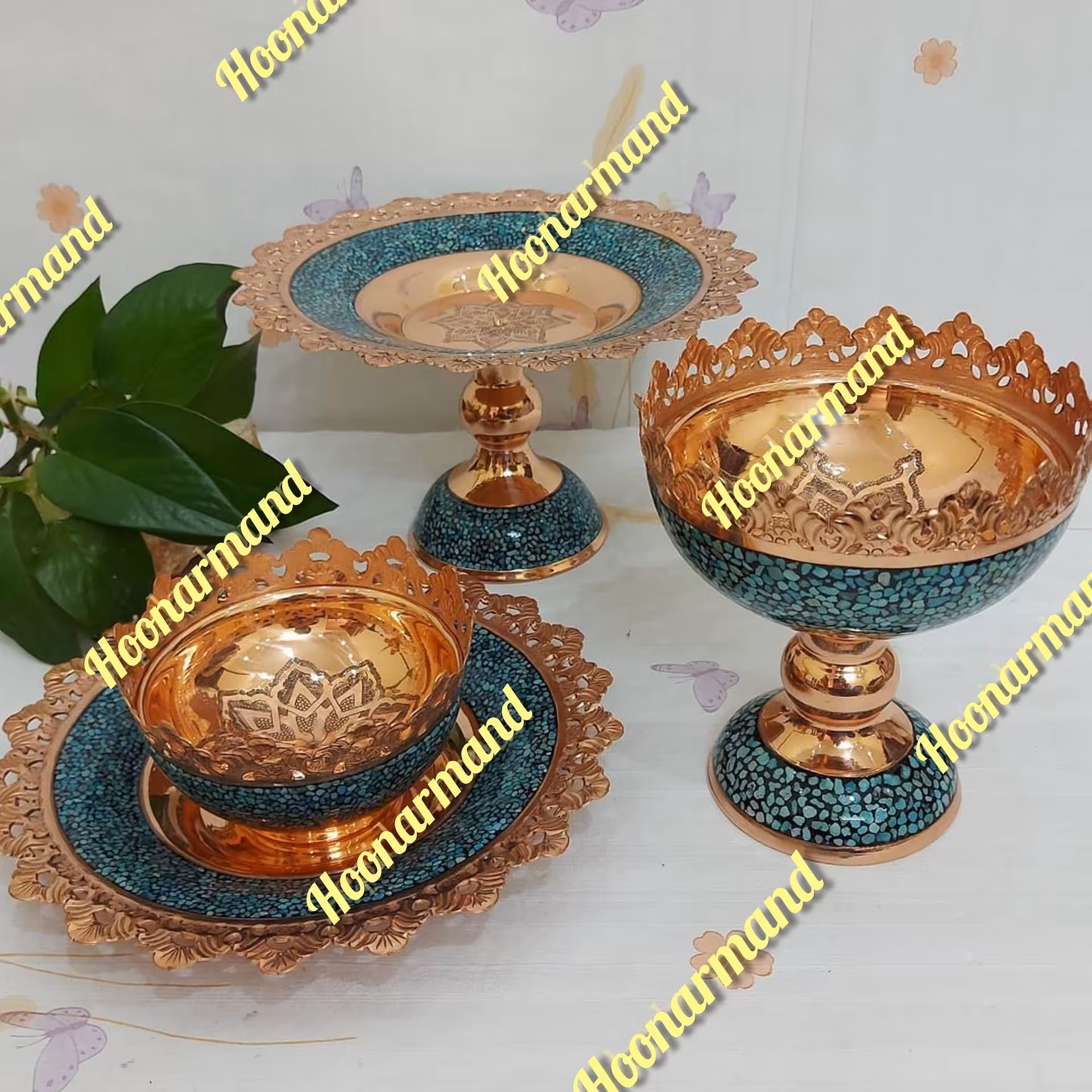 ست سه تیکه پذیرایی فیروزه کوبی و قلمزنی اثر استاد هنرمند