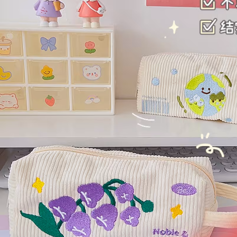 جامدادی فانتزی وارداتی پارچه ای گلدوزی تک زیپ مناسب کیف آرایشی 