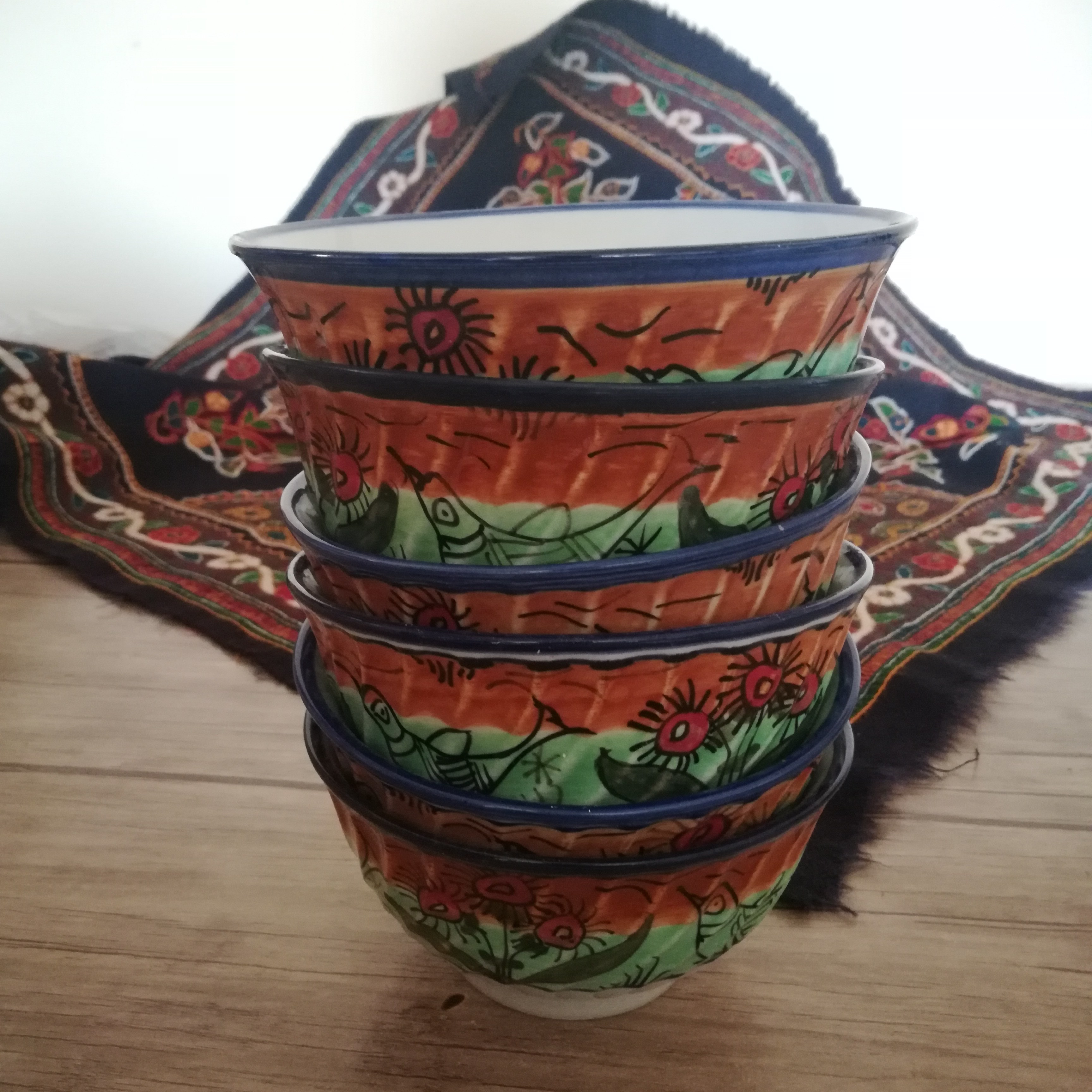 سرویس کاسه آبگوشت خوری 6 تایی چینی سنتی میبد گل و مرغ رنگی