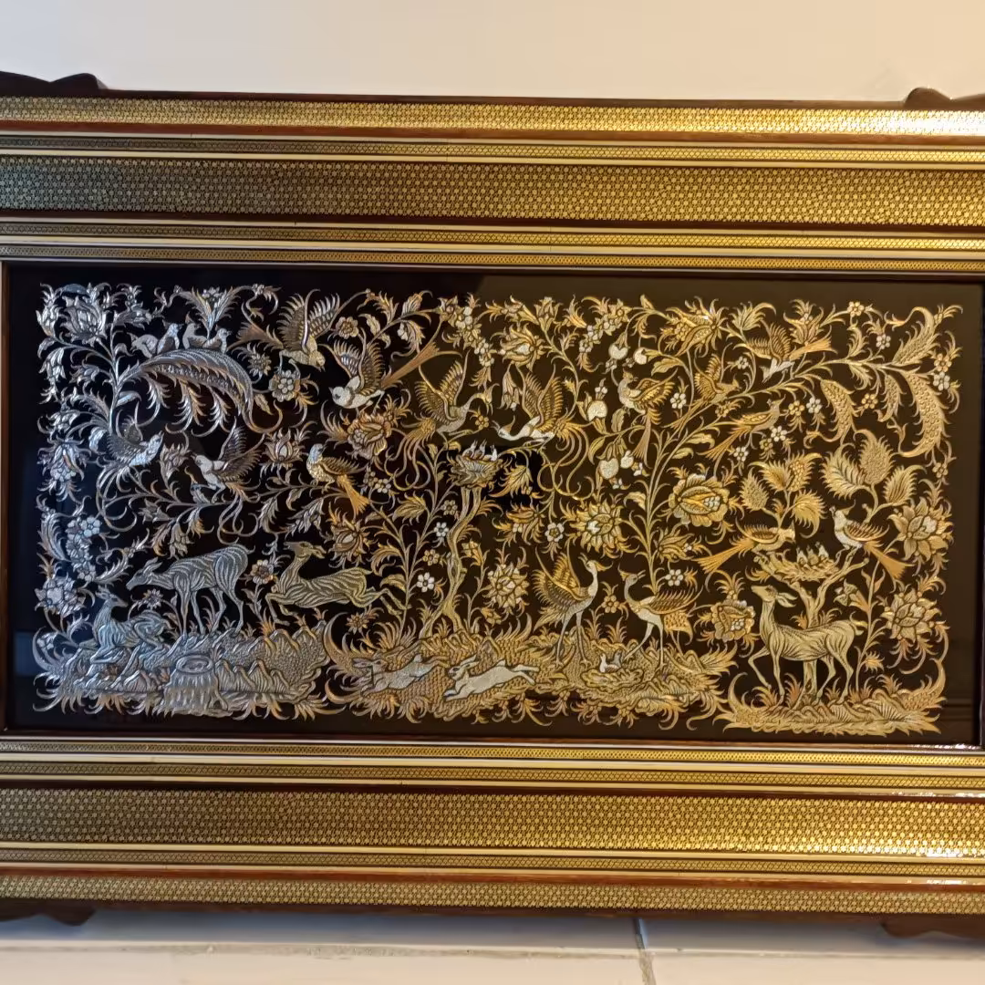 قاب خاتم نفیس و پلاک قلمزنی مشبک گل و مرغ ریز  ابعاد5080اثر هنری ماندگار 