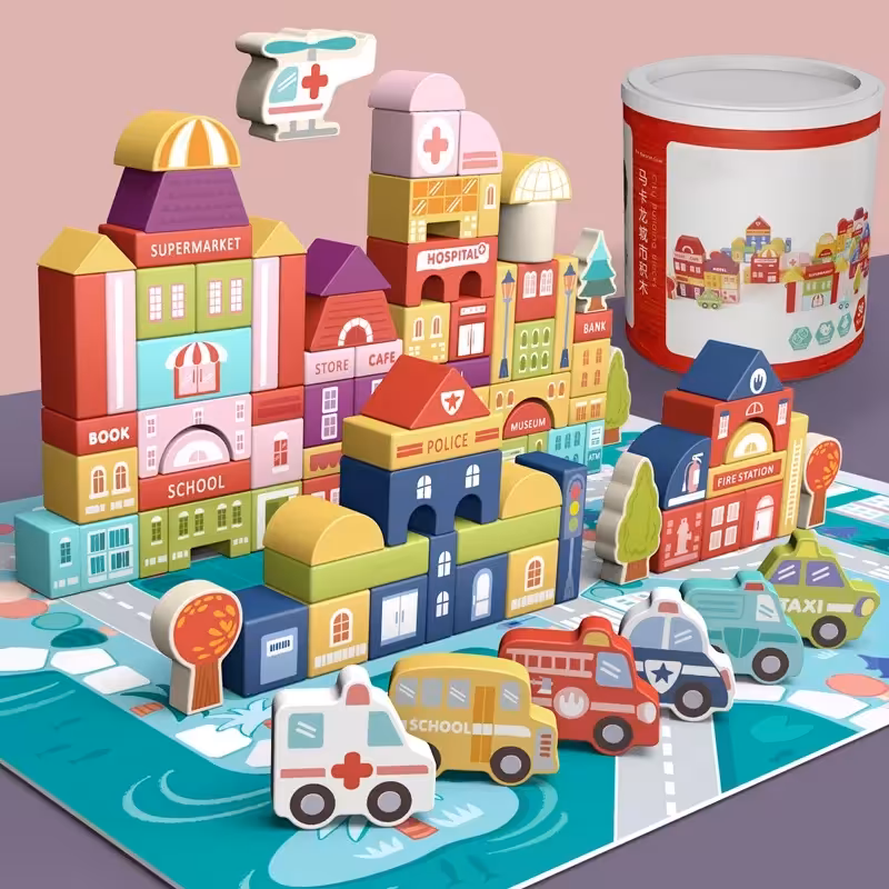 بلوک چوبی خانه سازی بریکس سطلی 115 تکه با صفحه بازی مدل JHTOY173