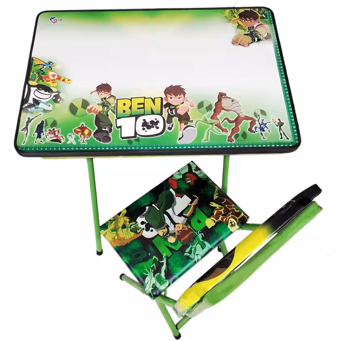 میز تحریر باکسدار با صندلی سیوان  طرح بن تن با چاپ uv اکلیلی برجسته(مدل پایه رنگی)  (با کارتون شکیل مخصوص میز و صندلی)  