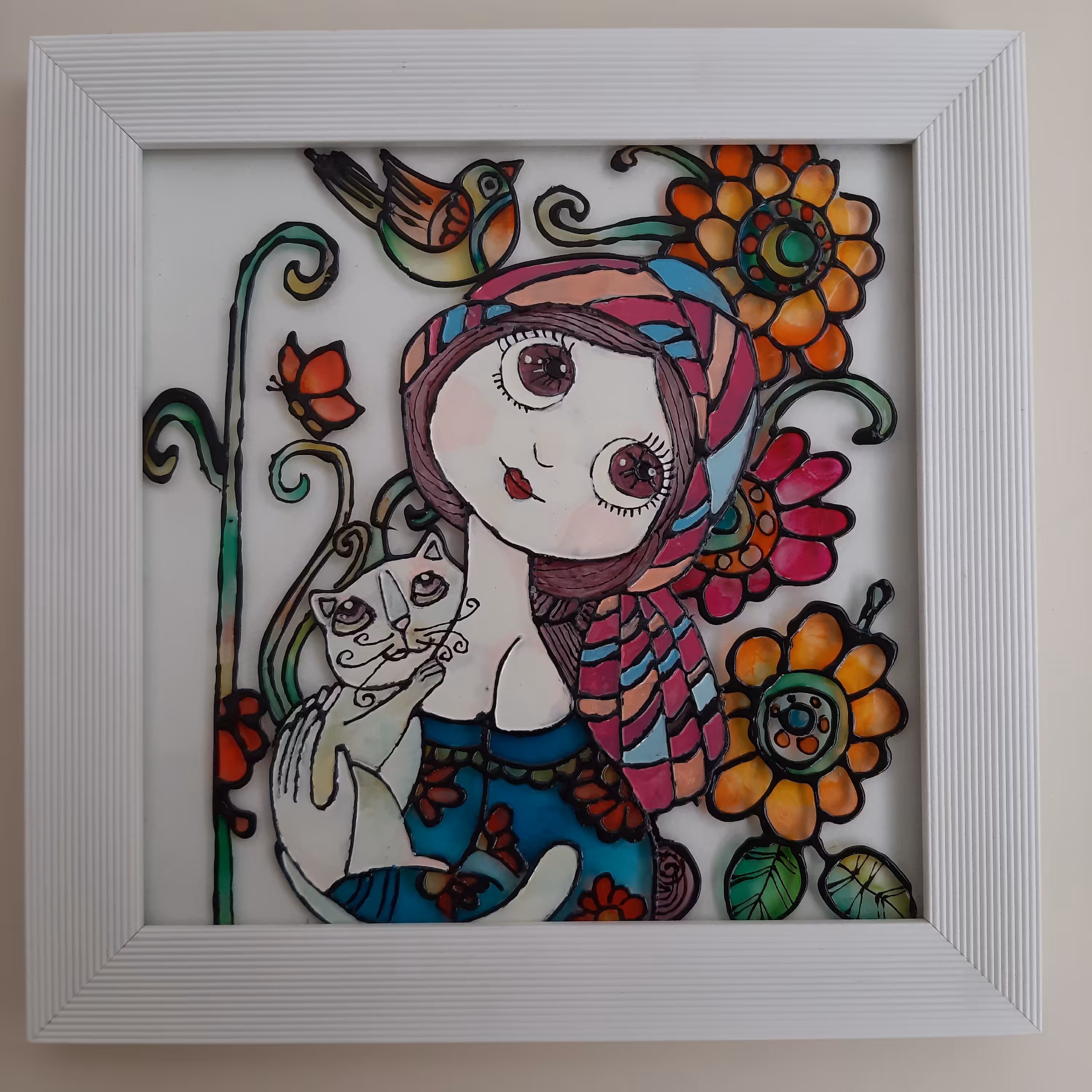تابلو ویترای دختر و گربه ملوس