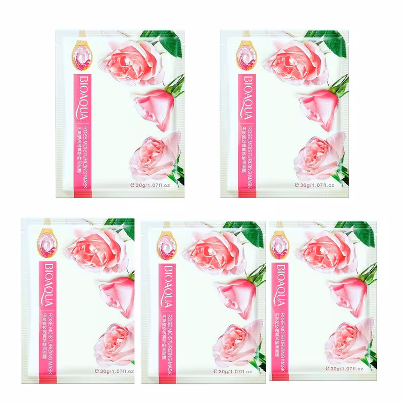 ماسک صورت بایو آکوآ مدل گل رز حجم 30 میلی لیتر مجموعه 5 عددی