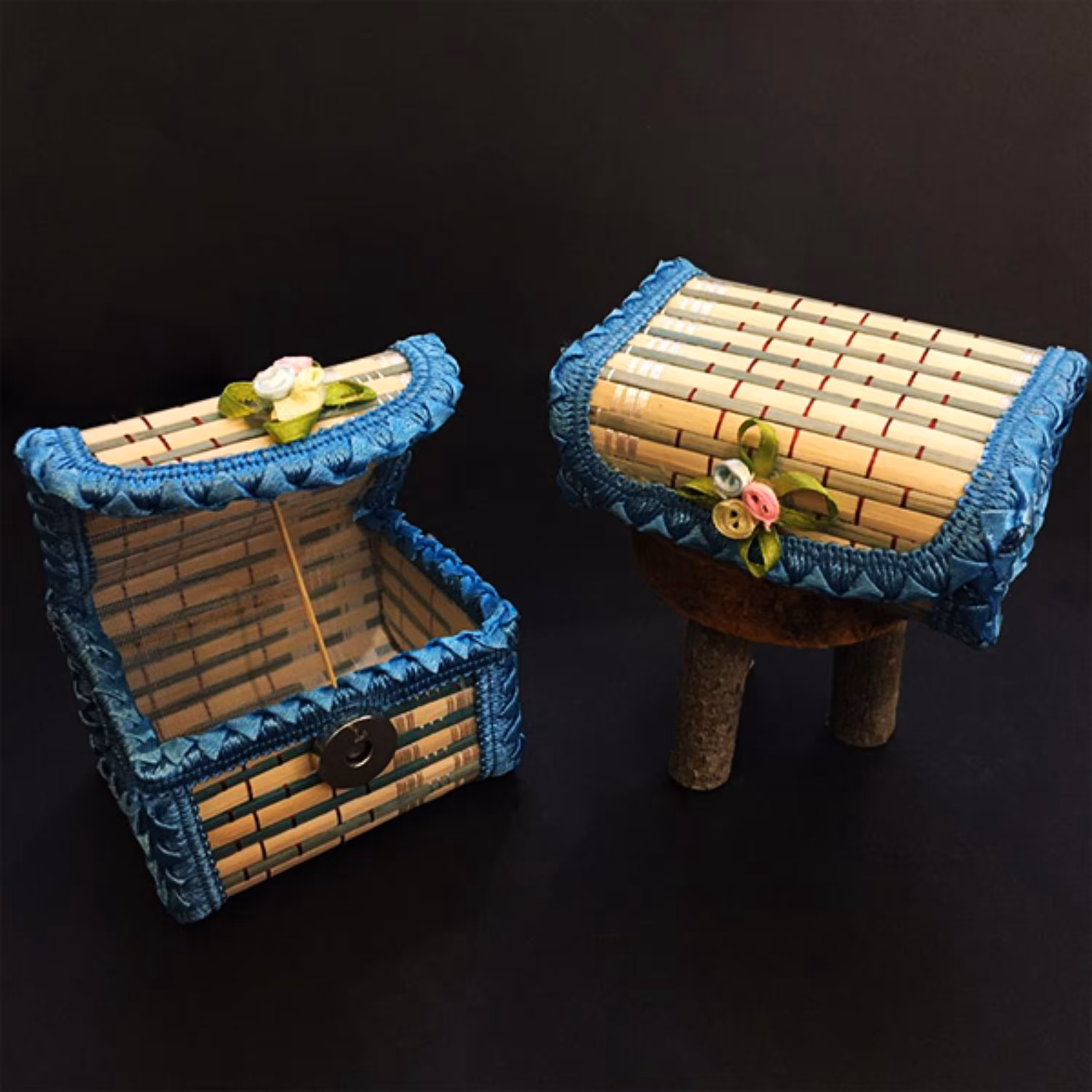 صندوقچه حصیری در دو سایز رنگ آبی سایز 9 در 6 سانتی متر